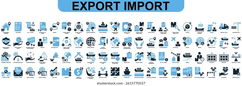Set of export import icon vector for global trade, market flow, and business tools. Perfect for commerce design, economic operations, and financial illustration.