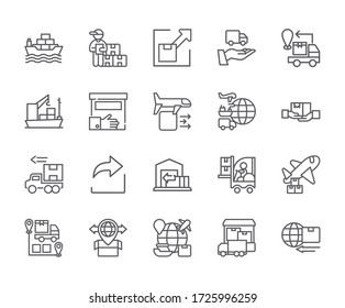 Conjunto de iconos de línea de vectores relacionados con la exportación. Incluye Iconos como entrega, transferencia, transporte, paquete y más. - vector