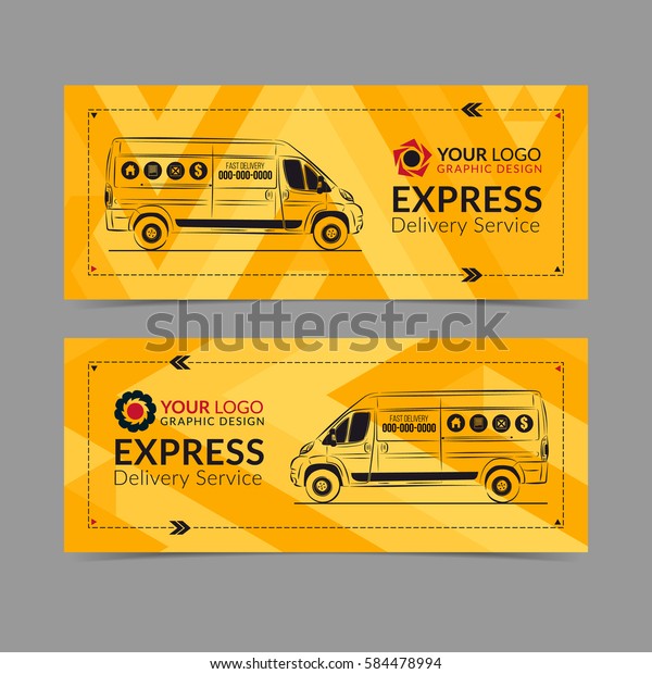 Set of\
Express delivery service banner, poster, flyer. Delivery van\
business layout templates. Vector\
illustration.