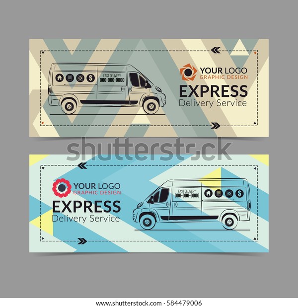 Set of\
Express delivery service banner, poster, flyer. Delivery van\
business layout templates. Vector\
illustration.