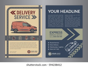 Set of Express delivery service brochure flyer design layout template. Fast delivery and quality service transportation magazine cover, mockup flyer. Layout in A4 size. Vector illustration.