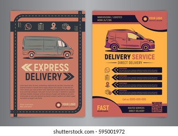 Set of Express delivery service brochure flyer design layout template. Fast delivery and quality service transportation magazine cover, mockup flyer. Layout in A4 size. Vector illustration.
