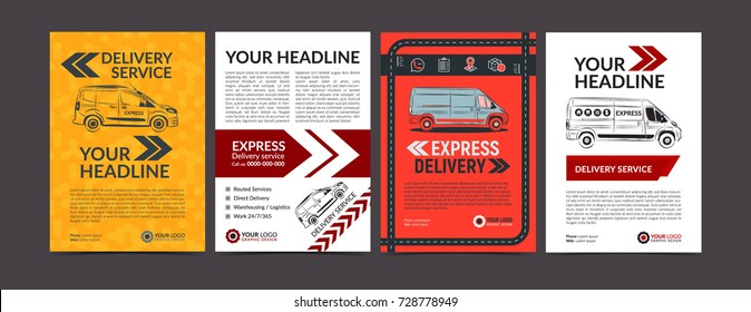 Set of Express delivery service brochure flyer design layout template. Fast delivery and quality service transportation magazine cover, mockup flyer. Layout in A4 size. Vector illustration.