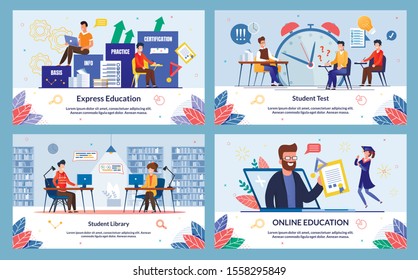 Set Express Education, Student Library, Cartoon. Banner Inscription Student Test, Online Education. Male Teacher Conducts Test among Students and Exclaims with Surprise in Classroom.