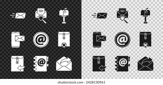 Set Express envelope, Envelope with magnifying glass, Mail box, Address book, Outgoing mail, Mobile and and e-mail icon. Vector