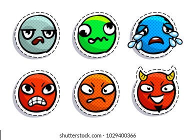 Set of expression emoji in pop art style. Smile icons on white background. Vector illustration.