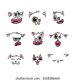 Set of expression emoticons. Set of kawaii cat emoji. Isolated vector illustration