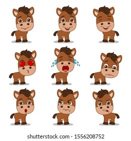 Set of expression of emotions of funny horse in different poses isolated on white background