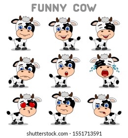 Set of expression of emotions of funny little cow in different poses isolated on white background