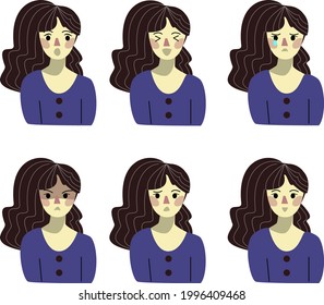 set of expression of a girl vector illustration. Sad, happy, angry, surprised, confused, shy expressions of girl flat design illustration.