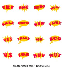 Set Of Expression Icons As Try, OMG, Hello, WOW, Sale, Oops, New, True, Yes, False, No, Eco, VS, Job, Buy, Hot. Emotion Emojis