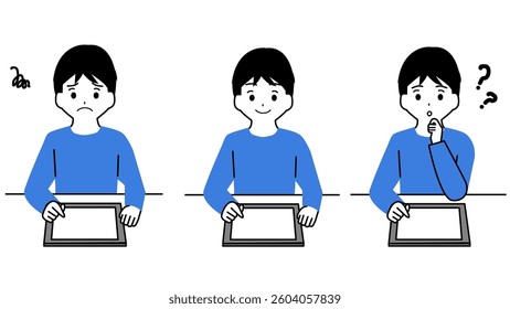  A set of expressions of a boy using a tablet, smiling, worried, questioning.