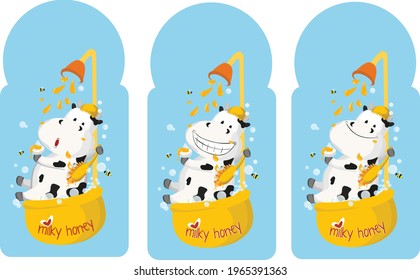 set expressions of a cute cow while showering in a bath tub with soap and honey 