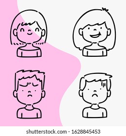set of expressions and faces of people cartoon, cute, simple, vector illustration doodle 