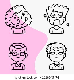 set of expressions and faces of people cartoon, cute, simple, vector illustration doodle 