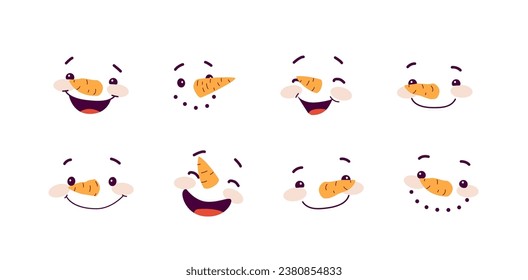 Set of expressions of fun and cute snowman characters. Snowman heads with different emotions