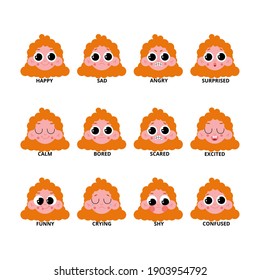 A set of expressions of a little red-haired girl. A collection of baby faces with different expressions of emotions. Cute teen girl makes a face. Cartoon vector isolated illustration on a white backgr