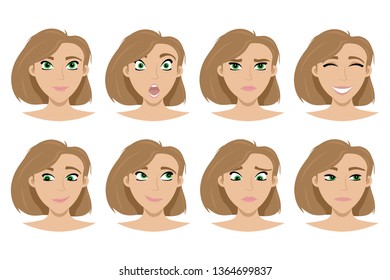 The set of expressions on the girl's face. Happiness, anger, clenching. Isolated vector illustration.