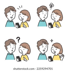 Set of expressions of a young couple looking into a smartphone together.