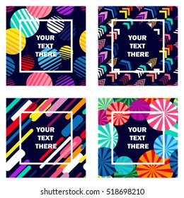 Set of expressive abstract geometric designs. Seamless vector backgrounds for flyers, posters, covers, cards and banners. Circles, stripes, arrows. Colorful on dark blue.