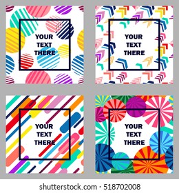 Set of expressive abstract geometric designs. Seamless vector backgrounds for flyers, posters, covers, cards and banners. Circles, stripes, arrows. Colorful on white.