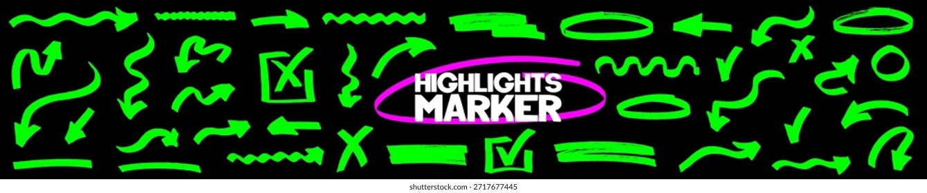 Ein Satz ausdrucksstarker Pfeilknöpfe mit Markierungsstrichen und strukturierten Pinselstrichen. Jeder Pfeil enthält scharfe Markierungspunkte und zusätzlichen Kontrast.