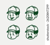 Set of expressive cartoon boy faces in vintage style, wearing a cap. Includes angry and sad emotions. Perfect for mascots, stickers, branding, icons, and emotional character design