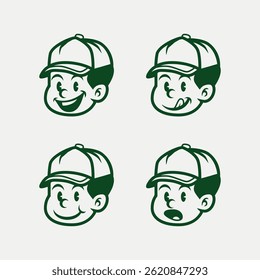 Set of expressive cartoon boy faces in vintage style, wearing a cap. Includes angry and sad emotions. Perfect for mascots, stickers, branding, icons, and emotional character design