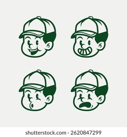 Set of expressive cartoon boy faces in vintage style, wearing a cap. Includes angry and sad emotions. Perfect for mascots, stickers, branding, icons, and emotional character design
