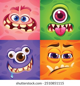 Conjunto de caras expresivas de monstruos de dibujos animados con ojos grandes y dientes afilados. Vector ilustración de dibujos animados