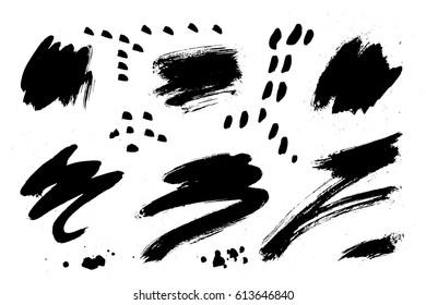 Set of expressive contemporary scribble elements. Hand drawn ink brush strokes, stains, blots and splatters in vector.  Grunge design elements collection. Black ink spots isolated on white background