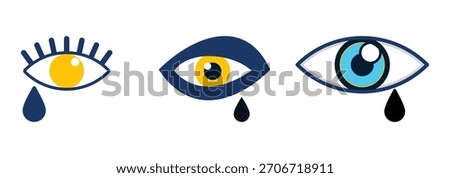 Set of expressive crying eye icons with tears, emotional sadness eye symbols in modern flat style, isolated vector illustrations for design and messaging