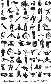 Set of expressive drawings of people and various objects.