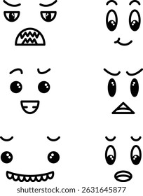 Set of expressive eyebrow kawaii faces, face expressions, isolated flat graphics, funny and cute faces collection