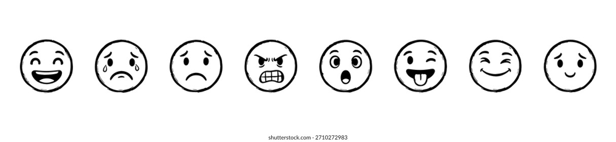 A set of expressive face icons showing emotions like joy, sadness, anger, surprise, and playfulness. Great for mood, feedback, or emotional design.