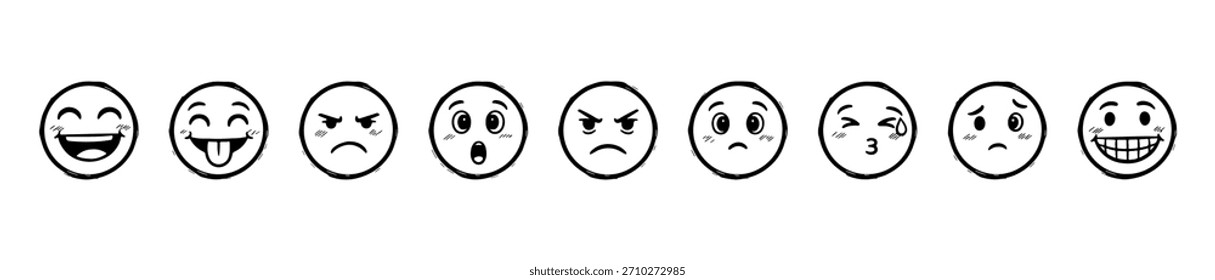 A set of expressive face icons showing emotions like joy, sadness, anger, surprise, and playfulness. Great for mood, feedback, or emotional design.