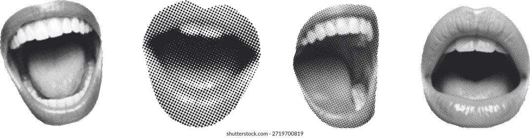 Conjunto de ilustraciones expresivas de boca abierta en estilos en blanco y negro. Los dientes, los labios y las lenguas muestran conceptos de gritos, habla y expresión vocal. Ideal para arte pop, Diseño gráfico, carteles y temas de comunicación.