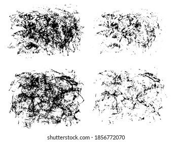 Set of expressive textured black ink or watercolor stains with little lines, dots and drops. Mysterious dynamic isolated inky blob, dark concept for brush design, background decor, abstract map