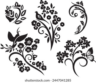 Set of exquisite Asian ornamental floral designs with butterflies and Colibri, typical for Chinese and Japanese cultural tradition. Extremely clean vector lines, vinyl and laser ready.