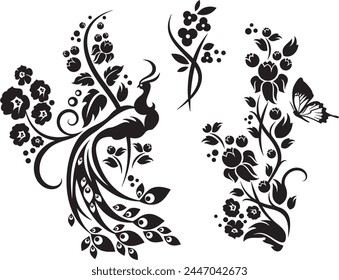 Set of exquisite Asian ornamental floral designs, typical for Chinese and Japanese cultural tradition, with a gorgeous butterfly and a peacock. Extremely clean vector lines, vinyl and laser ready.