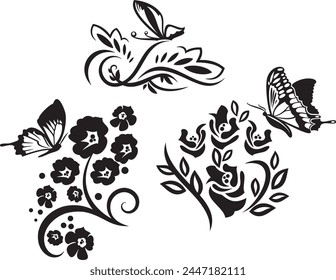 Set of exquisite Asian ornamental floral designs with butterflies and flowers, typical for Chinese and Japanese cultural tradition. Extremely clean vector lines, vinyl and laser ready.