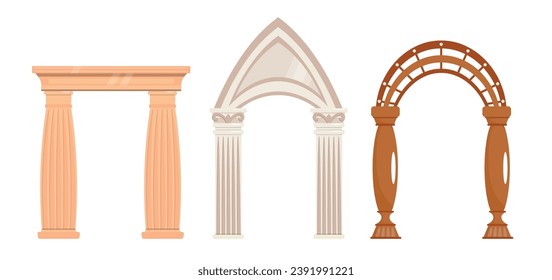 Set of exquisite classic arches in a cartoon style. Vector illustration of beautiful, elegant antique arches: rectangular and arched with capitals and bases. Support for arches and vaults.