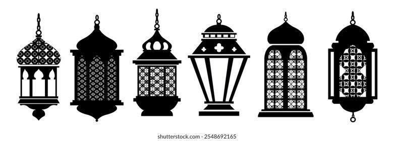 Set of exquisite graphic silhouettes of oriental lanterns in cartoon style.Vector illustration of beautiful openwork lanterns, lamps with patterns isolated on white background.Arabic decorative lamps.