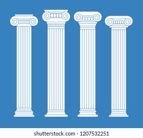 Set of exquisite greek, italian ancient columns. White linear silhouettes. Vector illustration.
