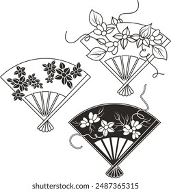 Set of exquisite Japanese ornamental floral handheld bamboo fans, typical for Asian cultural tradition. Extremely clean vector lines, vinyl and laser ready. Floral doodles.