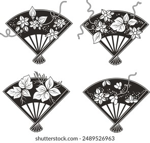 Set of exquisite Japanese ornamental floral handheld bamboo fans, typical for Asian cultural tradition. Extremely clean vector lines, vinyl and laser ready. Floral doodles.