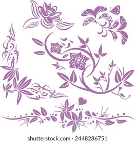 Set of exquisite ornamental floral designs with flowers, orchids, water lily, butterflies, branches, swirls and scrolls. Spring and summer theme. Extremely clean vector lines, vinyl and laser ready.