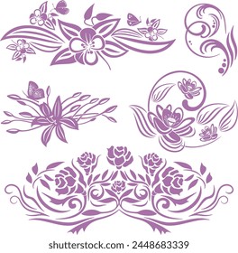 Conjunto de exquisitos diseños florales ornamentales con flores, rosas, nenúfares, lirios, mariposas, remolinos y pergaminos. Tema de primavera y verano. Líneas de Vector extremadamente limpias, listas para vinilo y láser.