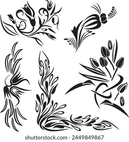 Set of exquisite ornamental floral doodle designs with roses, buds, tulips, foliage corners and borders in abstract style. Spring and summer theme. Very clean vector lines, vinyl and laser ready.