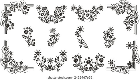 Set of exquisite ornamental floral doodle designs with flowers, daisies, leaves, swirls, curls and corners. Spring and summer theme. Very clean vector lines, vinyl and laser ready.